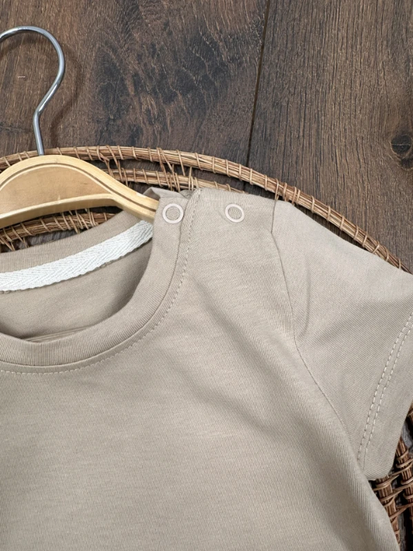 Salopet Çizgili Omuzdan Çıtçıtlı Yazlık Erkek Bebek Takım - KAHVE