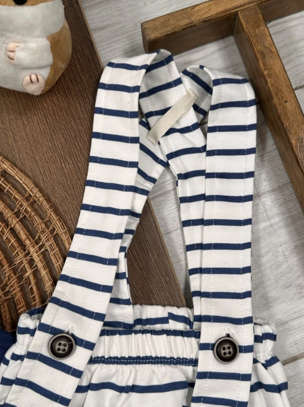 Salopet Çizgili Omuzdan Çıtçıtlı Yazlık Erkek Bebek Takım - KAHVE