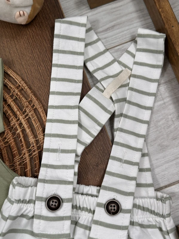 Salopet Çizgili Omuzdan Çıtçıtlı Yazlık Erkek Bebek Takım - KAHVE