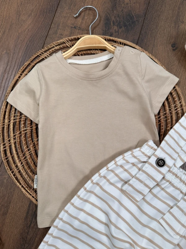 Salopet Çizgili Omuzdan Çıtçıtlı Yazlık Erkek Bebek Takım - KAHVE