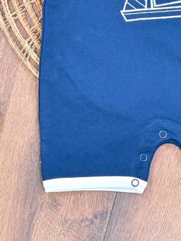 Yelken Nakışlı Şapkalı Çıtçıtlı Yazlık Erkek Bebek Tulum - LACİVERT