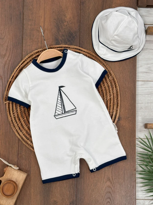 Yelken Nakışlı Şapkalı Çıtçıtlı Yazlık Erkek Bebek Tulum - LACİVERT
