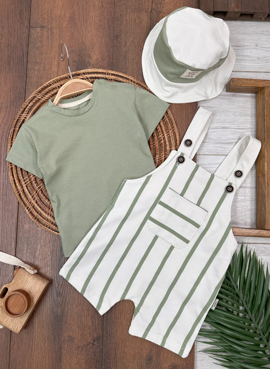 Çizgili Safari Şapkalı Omuzdan Çıtçıtlı Badi Yazlık Erkek Bebek Salopet Takım - YEŞİL
