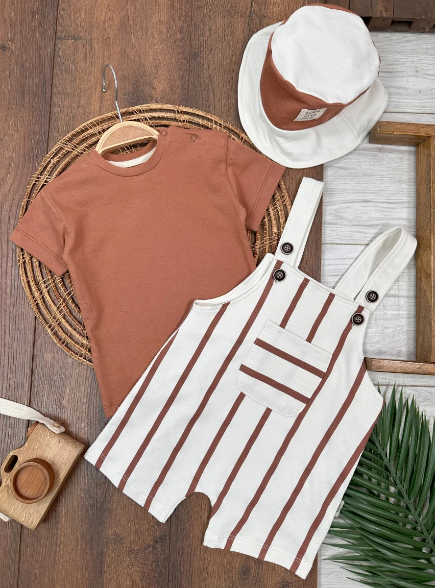 Çizgili Safari Şapkalı Omuzdan Çıtçıtlı Badi Yazlık Erkek Bebek Salopet Takım - KAHVE