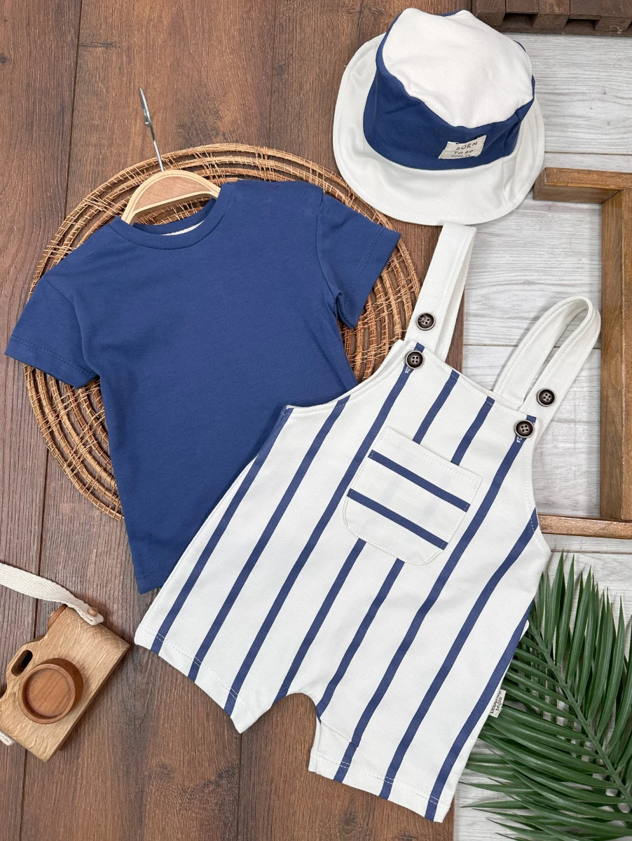 Çizgili Safari Şapkalı Omuzdan Çıtçıtlı Badi Yazlık Erkek Bebek Salopet Takım - LACİVERT