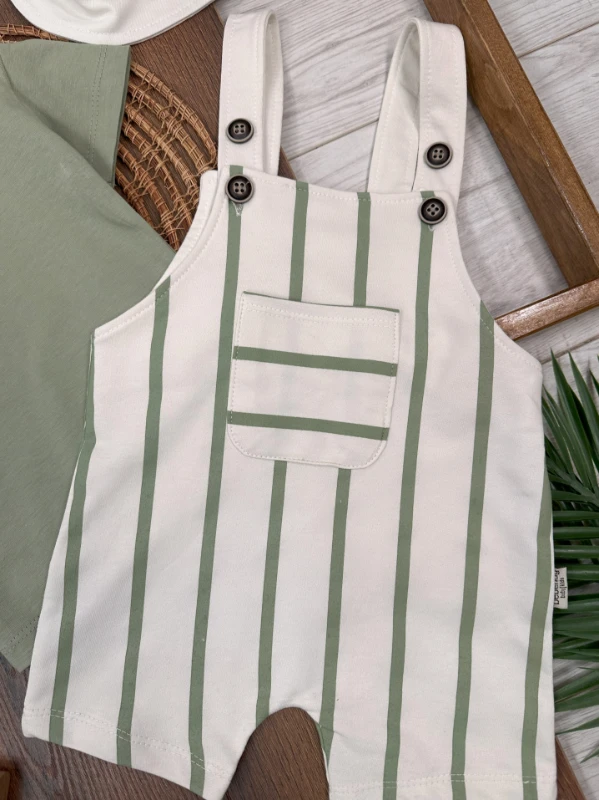 Çizgili Safari Şapkalı Omuzdan Çıtçıtlı Badi Yazlık Erkek Bebek Salopet Takım - LACİVERT