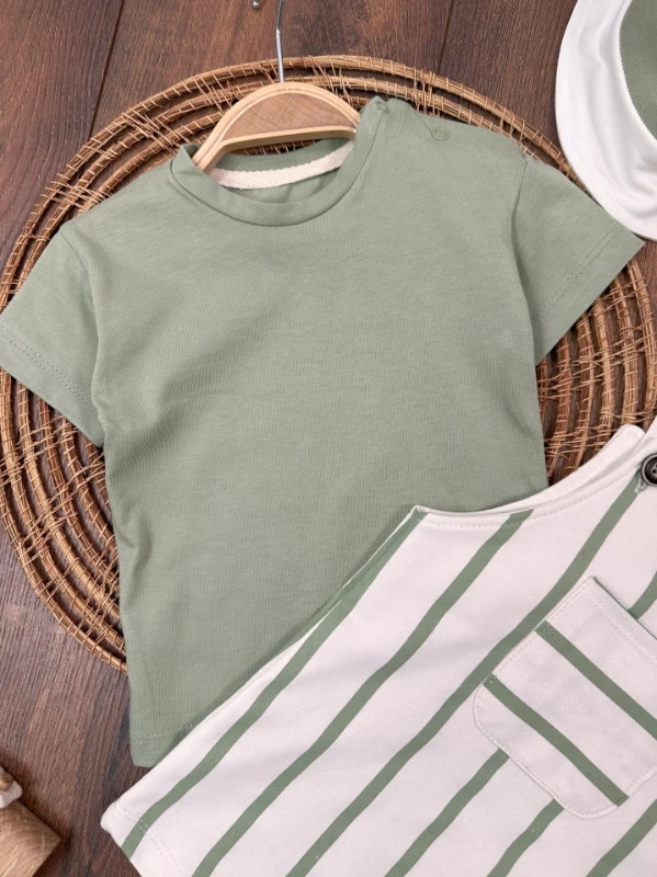 Çizgili Safari Şapkalı Omuzdan Çıtçıtlı Badi Yazlık Erkek Bebek Salopet Takım - LACİVERT