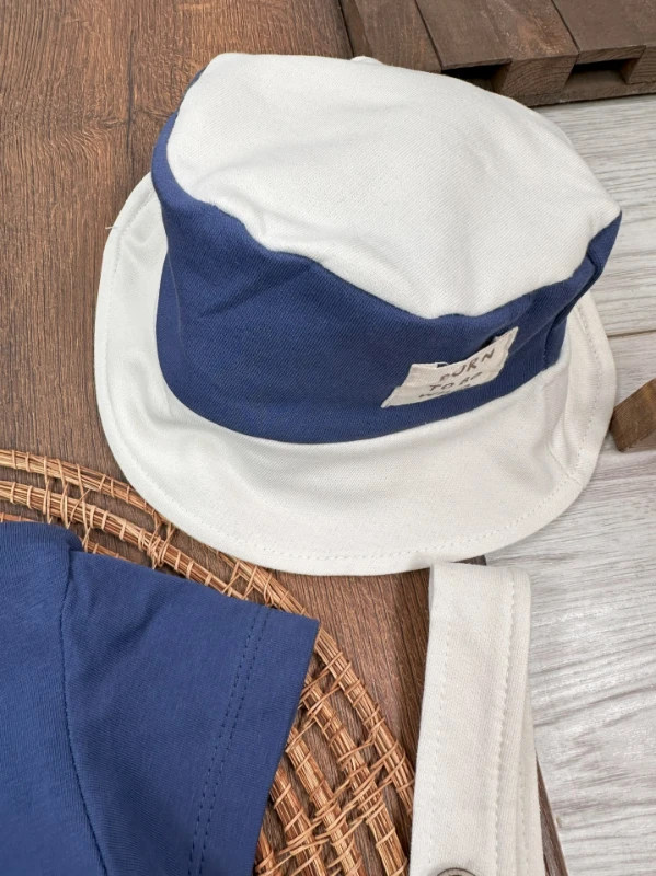 Çizgili Safari Şapkalı Omuzdan Çıtçıtlı Badi Yazlık Erkek Bebek Salopet Takım - LACİVERT