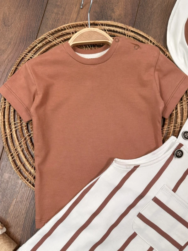 Çizgili Safari Şapkalı Omuzdan Çıtçıtlı Badi Yazlık Erkek Bebek Salopet Takım - LACİVERT