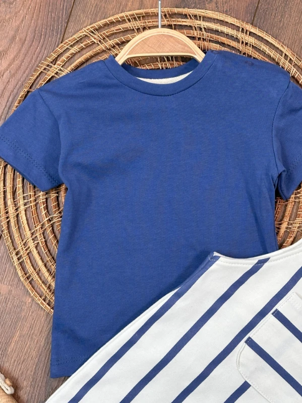 Çizgili Safari Şapkalı Omuzdan Çıtçıtlı Badi Yazlık Erkek Bebek Salopet Takım - LACİVERT