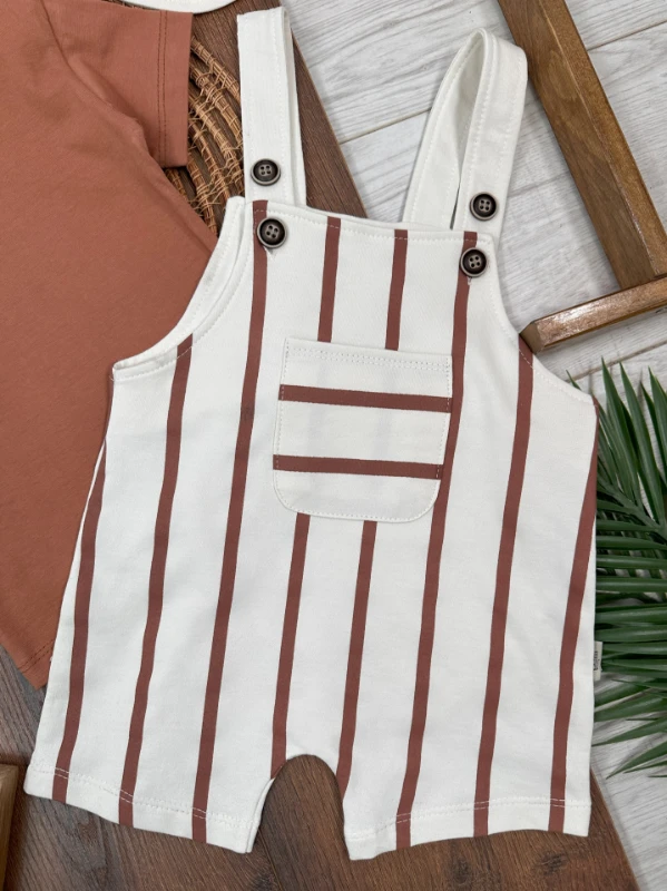 Çizgili Safari Şapkalı Omuzdan Çıtçıtlı Badi Yazlık Erkek Bebek Salopet Takım - LACİVERT