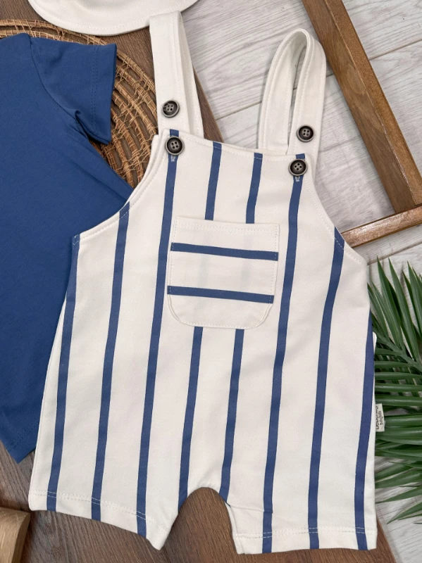 Çizgili Safari Şapkalı Omuzdan Çıtçıtlı Badi Yazlık Erkek Bebek Salopet Takım - LACİVERT