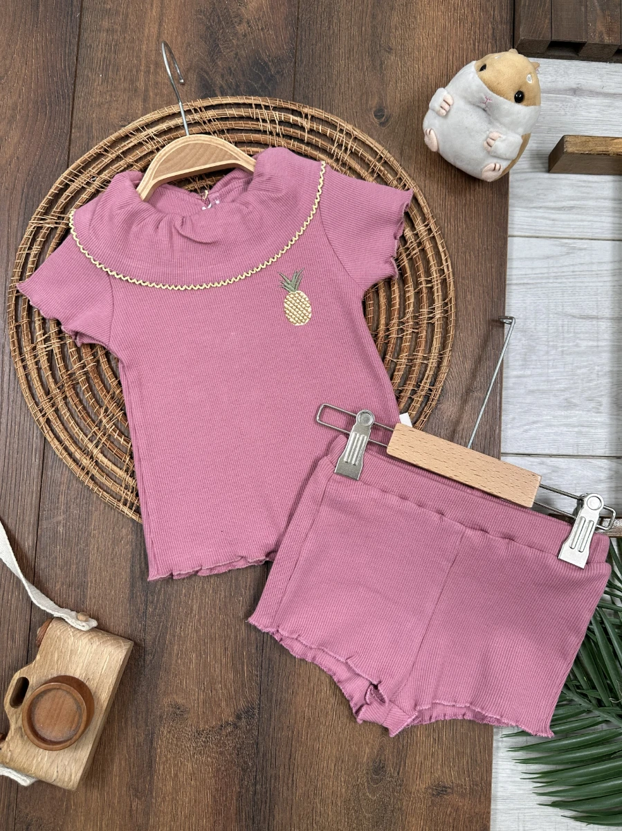 Meyveler Nakışlı Esnek Kaşkorse Yazlık Kız Bebek Takım - MÜRDÜM