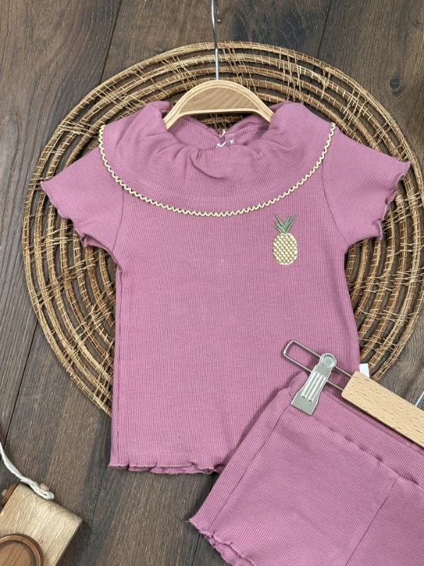 Meyveler Nakışlı Esnek Kaşkorse Yazlık Kız Bebek Takım - MÜRDÜM