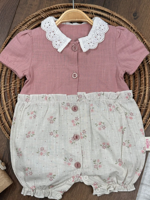 Müslin Yaka Güpürlü Önden Düğmeli Alttan Çıtçıtlı Yazlık Kız Bebek Tulum - PUDRA