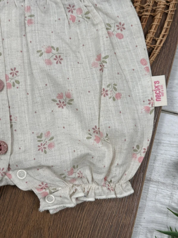 Müslin Yaka Güpürlü Önden Düğmeli Alttan Çıtçıtlı Yazlık Kız Bebek Tulum - PUDRA