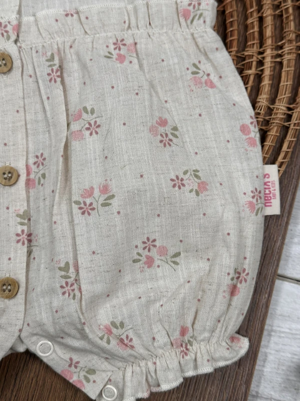 Müslin Yaka Güpürlü Önden Düğmeli Alttan Çıtçıtlı Yazlık Kız Bebek Tulum - PUDRA