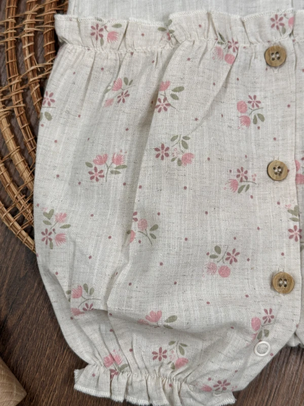 Müslin Yaka Güpürlü Önden Düğmeli Alttan Çıtçıtlı Yazlık Kız Bebek Tulum - PUDRA