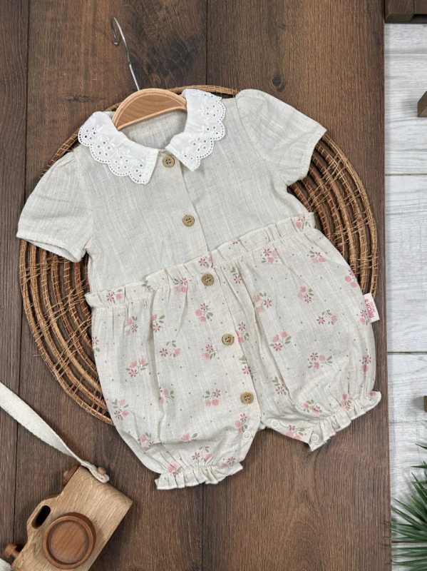 Müslin Yaka Güpürlü Önden Düğmeli Alttan Çıtçıtlı Yazlık Kız Bebek Tulum - PUDRA