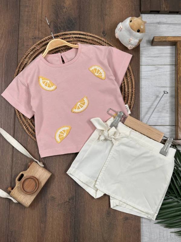 Limon Nakışlı Şort Etekli Yazlık Kız Bebek Takım - PEMBE