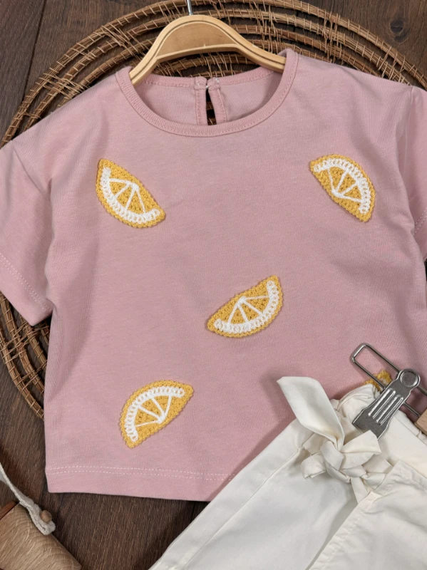 Limon Nakışlı Şort Etekli Yazlık Kız Bebek Takım - PEMBE