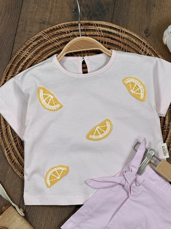 Limon Nakışlı Şort Etekli Yazlık Kız Bebek Takım - PEMBE