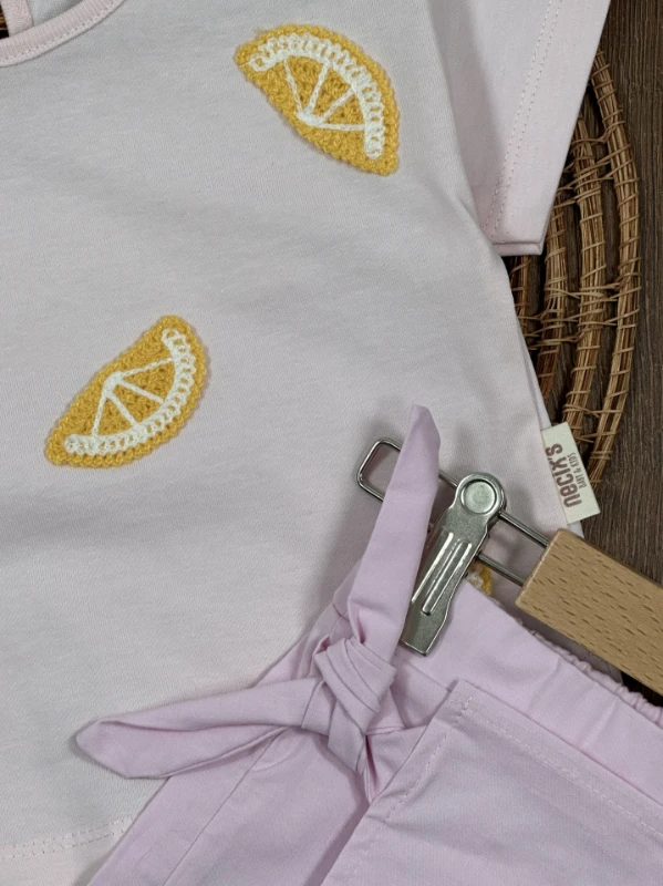 Limon Nakışlı Şort Etekli Yazlık Kız Bebek Takım - PEMBE