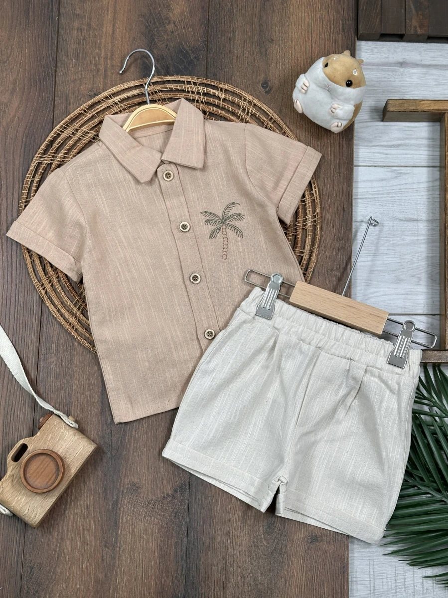 Palmiye Nakışlı Önden Düğmeli Yazlık Erkek Bebek Takım - BEJ