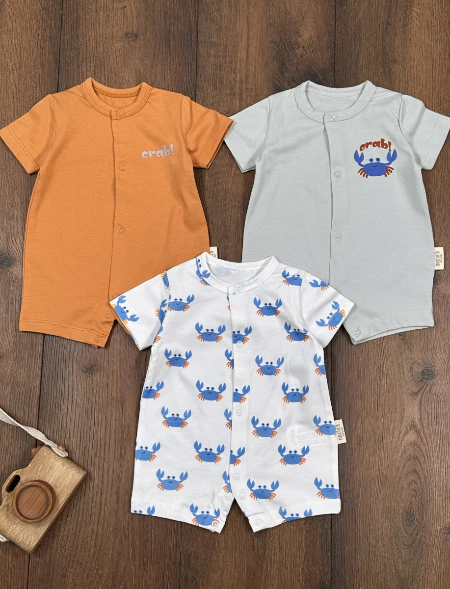 Yengeç Baskılı Çıtçıtlı Yazlık 3lü Yenidoğan Erkek Bebek Tulum Set - KARIŞIK