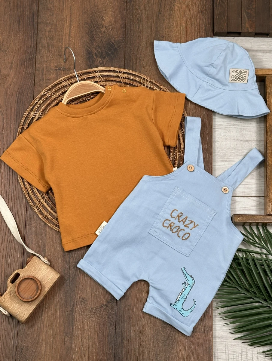Crocodil Nakışlı ŞapkalıKeten Yazlık Salopet Erkek Bebek Takım - KİREMİT