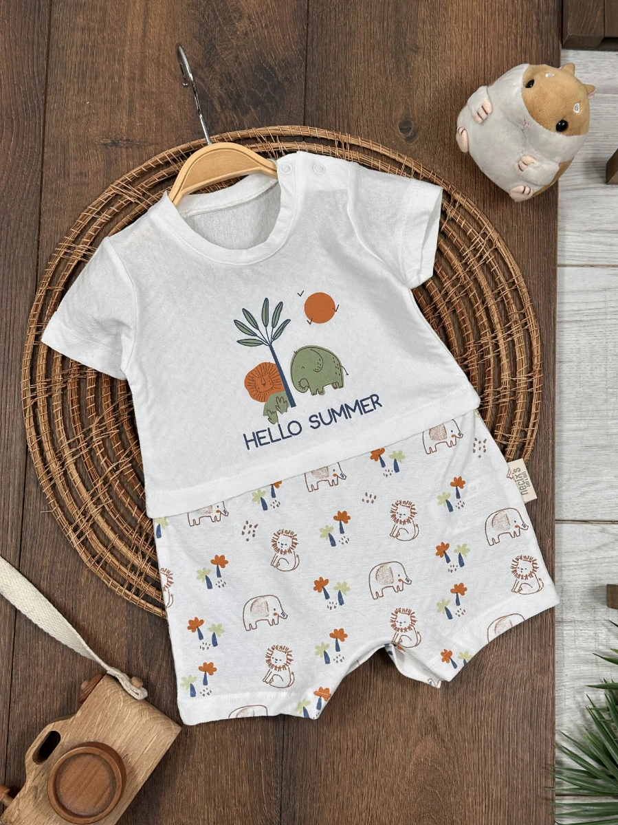Safari Baskılı Alttan Çıtçıtlı Yazlık Erkek Bebek Tulum - BEYAZ