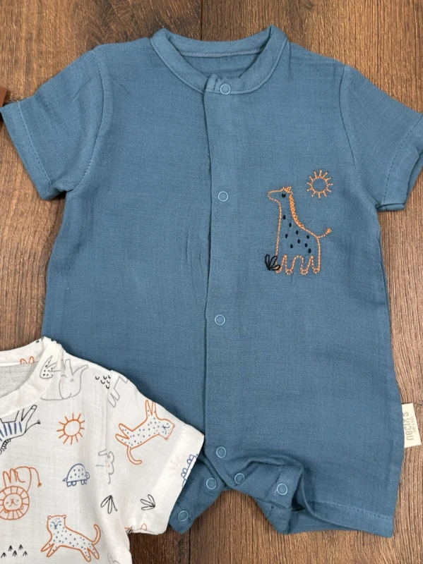Müslin Safari Baskılı Çıtçıtlı Yazlık 3lü Yenidoğan Erkek Bebek Tulum Set - KARIŞIK
