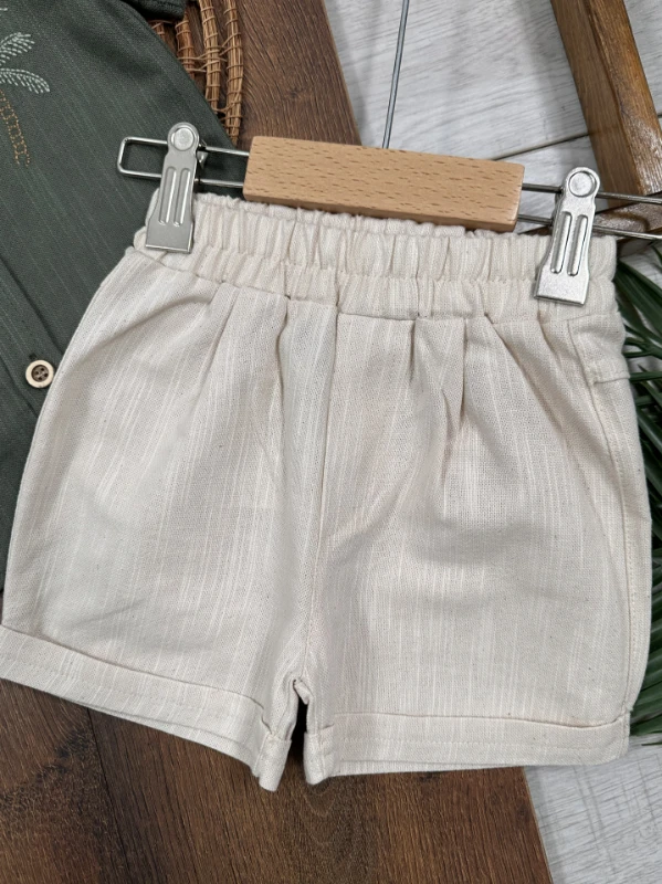 Palmiye Nakışlı Önden Düğmeli Yazlık Erkek Bebek Takım - YEŞİL