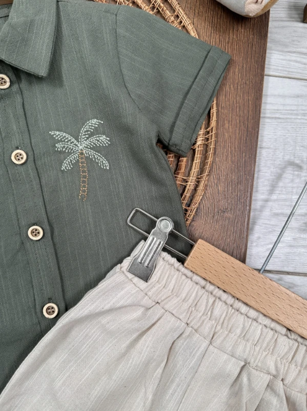 Palmiye Nakışlı Önden Düğmeli Yazlık Erkek Bebek Takım - YEŞİL