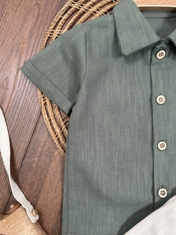 Palmiye Nakışlı Önden Düğmeli Yazlık Erkek Bebek Takım - YEŞİL