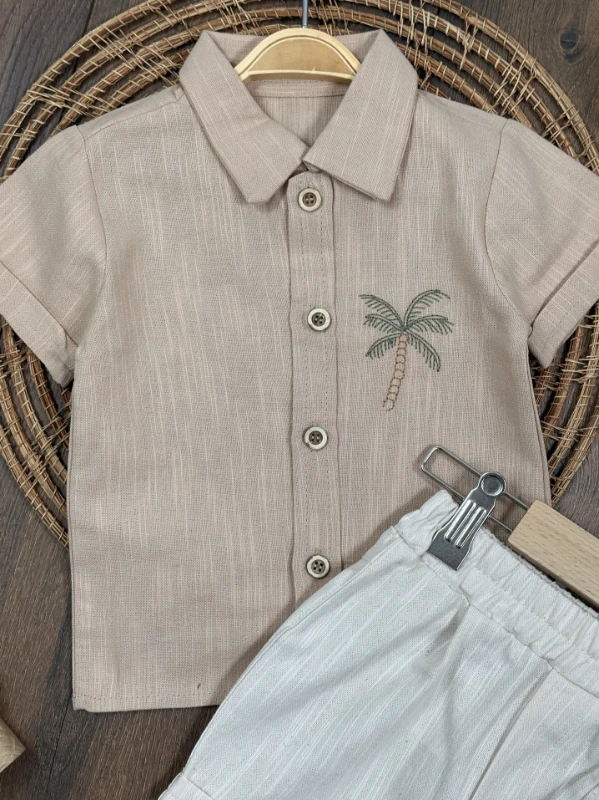 Palmiye Nakışlı Önden Düğmeli Yazlık Erkek Bebek Takım - YEŞİL