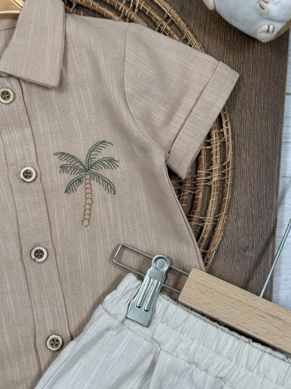 Palmiye Nakışlı Önden Düğmeli Yazlık Erkek Bebek Takım - YEŞİL