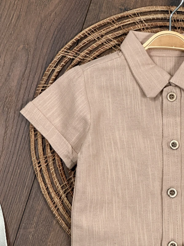 Palmiye Nakışlı Önden Düğmeli Yazlık Erkek Bebek Takım - YEŞİL