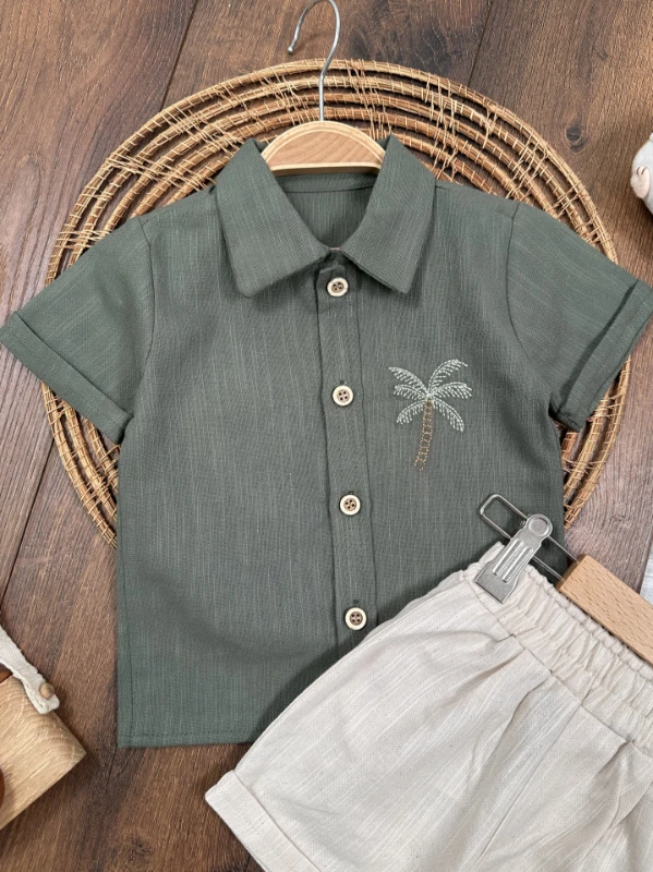 Palmiye Nakışlı Önden Düğmeli Yazlık Erkek Bebek Takım - YEŞİL