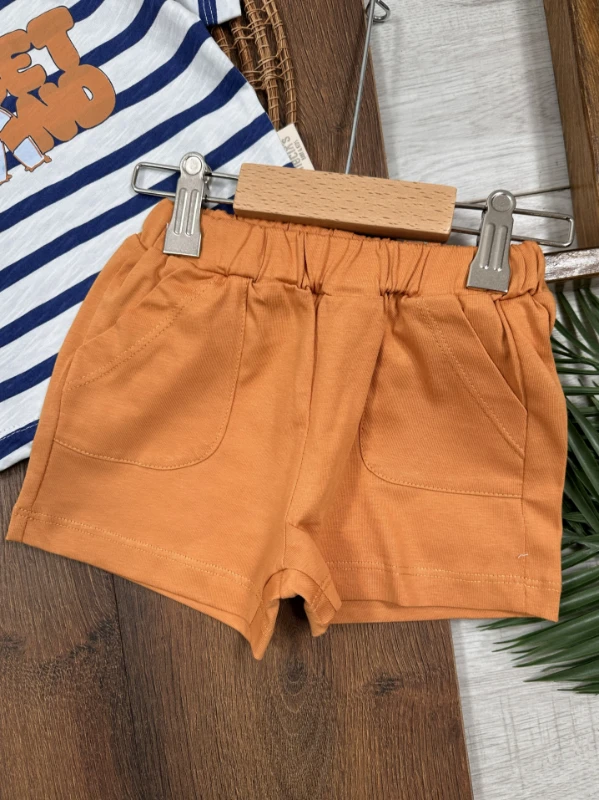 Çizgili Şapkalı Yazlık Erkek Bebek Takım - TABA