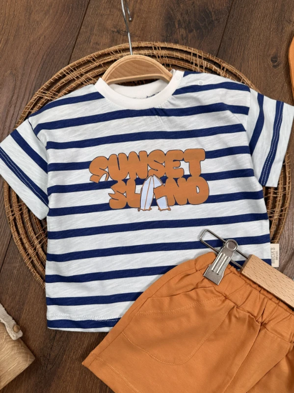 Çizgili Şapkalı Yazlık Erkek Bebek Takım - TABA