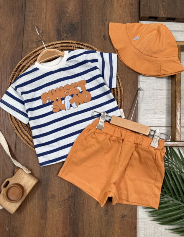 Çizgili Şapkalı Yazlık Erkek Bebek Takım - TABA