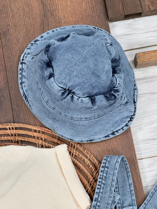 Kot Salopet Şapkalı Waffle T-shirt Kanguru Cep Unisex Yazlık Bebek Takım - MAVİ