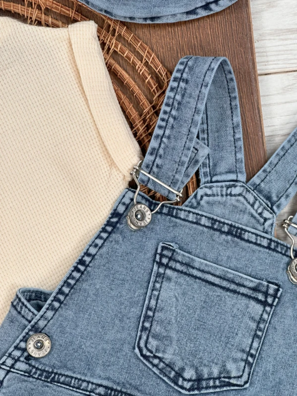 Kot Salopet Şapkalı Waffle T-shirt Kanguru Cep Unisex Yazlık Bebek Takım - MAVİ