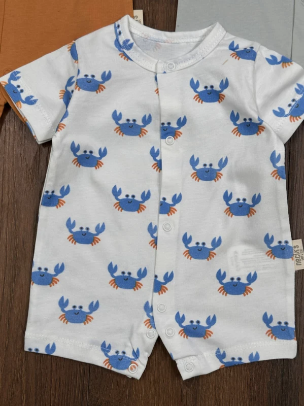 Yengeç Baskılı Çıtçıtlı Yazlık 3lü Yenidoğan Erkek Bebek Tulum Set - KARIŞIK