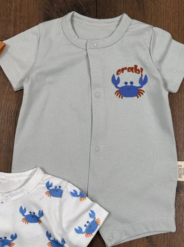 Yengeç Baskılı Çıtçıtlı Yazlık 3lü Yenidoğan Erkek Bebek Tulum Set - KARIŞIK