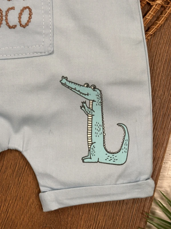 Crocodil Nakışlı ŞapkalıKeten Yazlık Salopet Erkek Bebek Takım - KAHVE