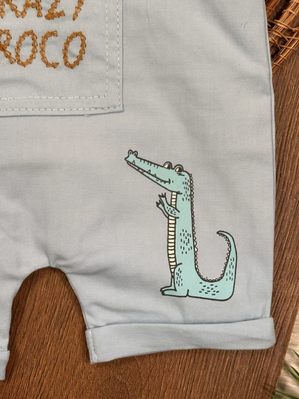 Crocodil Nakışlı ŞapkalıKeten Yazlık Salopet Erkek Bebek Takım - KAHVE
