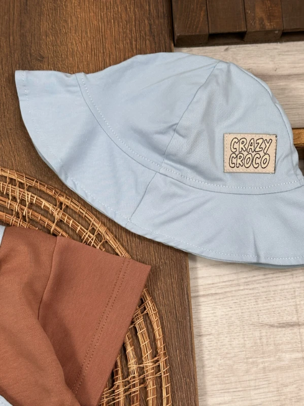 Crocodil Nakışlı ŞapkalıKeten Yazlık Salopet Erkek Bebek Takım - KAHVE