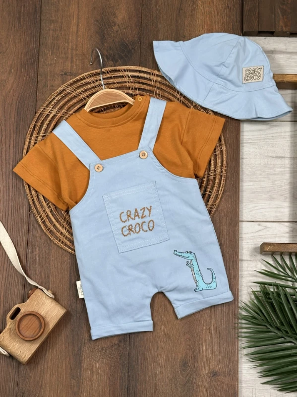 Crocodil Nakışlı ŞapkalıKeten Yazlık Salopet Erkek Bebek Takım - KAHVE
